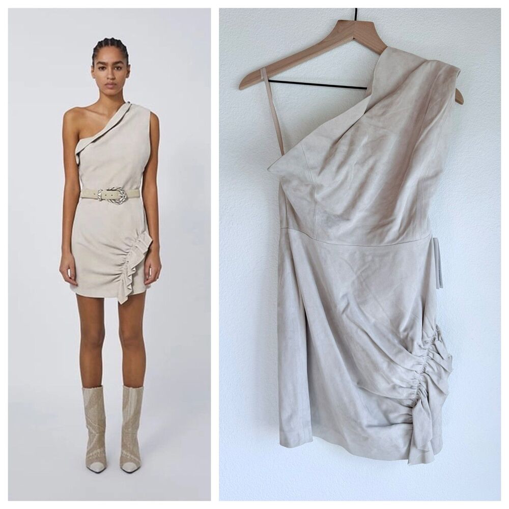 NEW IRO Paris Nairobi Asymmetric Suede Mini Dress In Pearl Grey Size 38 (US 6)